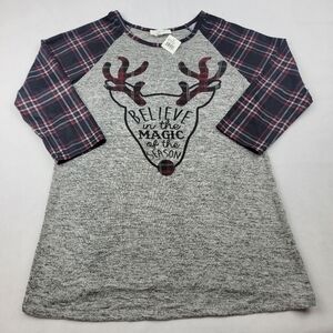 NWT Exclusive One plaid Reindeer Believe baseball tee tunic Christmas holiday